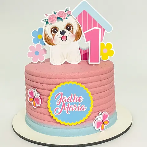 Bolo pet personalizado rosa com topo de shih tzu e nome do pet